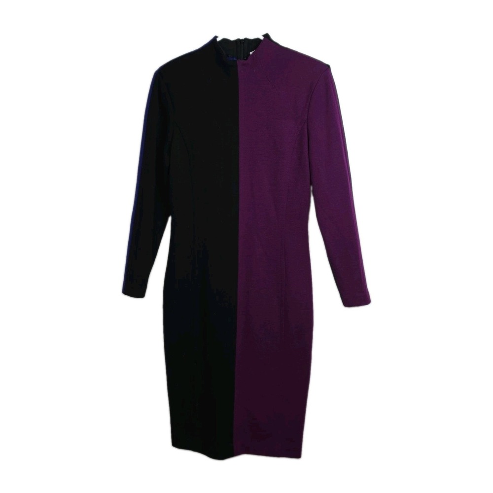 Vintage Adrienne Vittadini Wool Sheath Dress Womens 10 Purple Blue Black